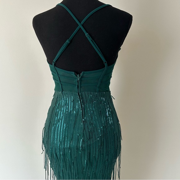 City Vibes Emerald Green Fringe Criss Cross Back Prom Dress w/ Side Split - Picture 12 of 16